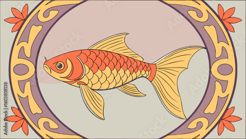 Orange koi fish illustration in decorative frame vintage style art print wall decor aquatic animal design 100