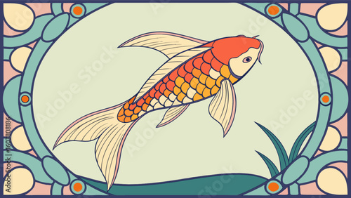 Koi fish art nouveau illustration with orange scales and decorative border for wall art and decor