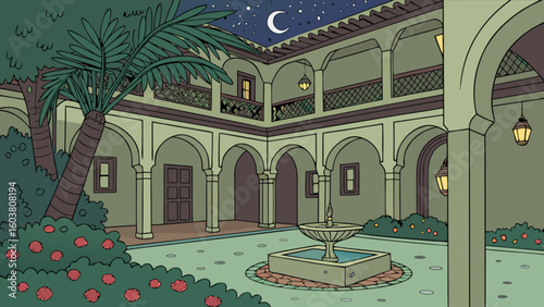 Illustration of a moorish courtyard at night with fountain palm trees and islamic architecture design