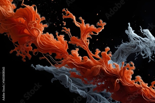 Abstract Ink Flow in Orange and Gray on Black Background
