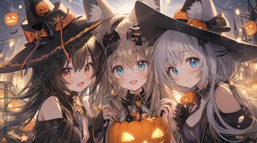  Cute Anime Girls in Halloween Witch Costumes with Cat Ears(猫耳ハロウィン魔女コスの可愛いアニメ美少女3人)