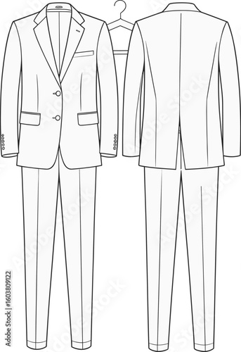 Men's formal two-piece suit with blazer and trousers, flat sketch, fashion CAD, technical drawing, classic tailored clothing design