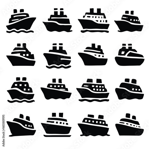 Collection of sixteen diverse ship icons, perfect for travel, nautical, or transportation themed designs, offering various styles and sizes for versatile use in websites, apps, and presentations.