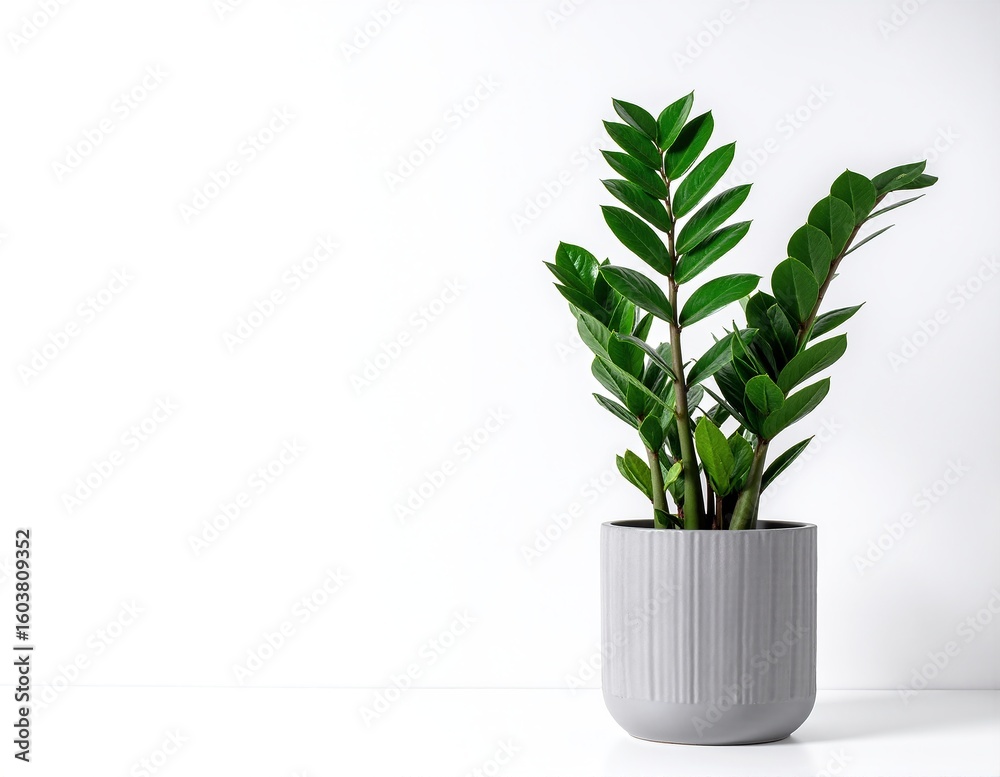 Obraz premium A vibrant green plant with lush leaves sits in a sleek, modern gray pot, adding a touch of nature and elegance to any indoor space.