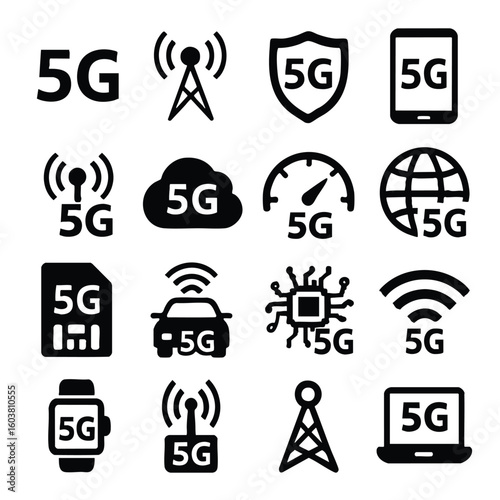 Set of various black and white 5G technology icons, including a cellular tower, a shield, a tablet, a cloud, a speedometer, a globe, a SIM card, a car, a circuit, a watch, and a laptop.