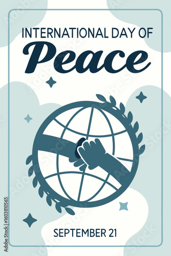 International Day of Peace poster with globe and hands graphic design.