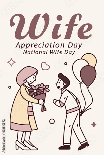 Husband giving his wife flowers and balloons to celebrate anniversary