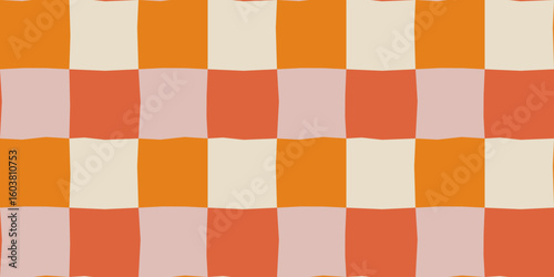 Bright orange checkerboard seamless hand-drawn pattern