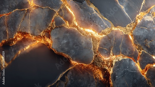 Close-up of cracked dark rock with glowing golden veins running through the fissures.