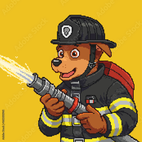 A pixel art cartoon dog firefighter in uniform sprays water from a hose against a yellow background.