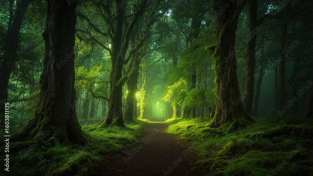 Naklejka premium Mystical Forest Pathway Illuminated by Soft Light