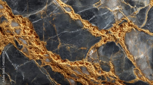 A close-up image of black marble with striking golden veins running through its textured surface.