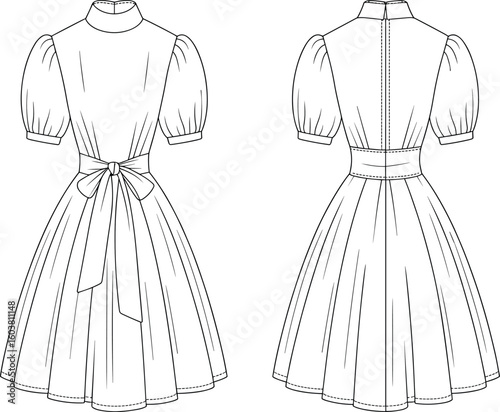 Vintage puff sleeve dress, tied waist detail, high neck, front and back view, fashion flat sketch, vector cad illustration