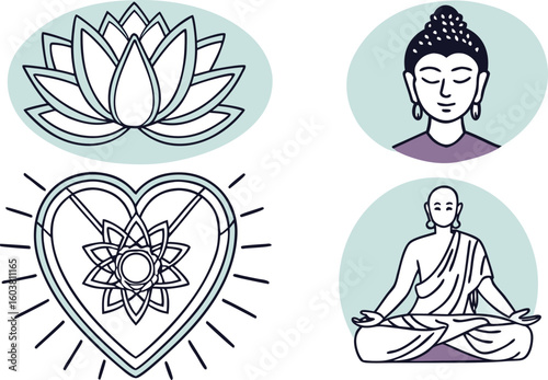 Serene buddhist icons lotus flower meditating monk buddha portrait and sacred heart symbol for spiritual well being and mindfulness practices