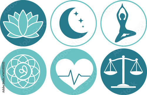 Collection of six circular icons representing wellness spirituality and balance with a calming color palette of teal and white