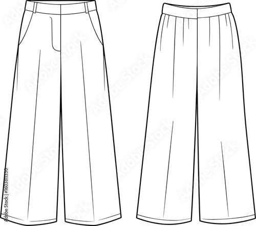 Wide leg pants front and back view, technical flat drawing, fashion CAD sketch, women’s trousers vector, loose fit illustration