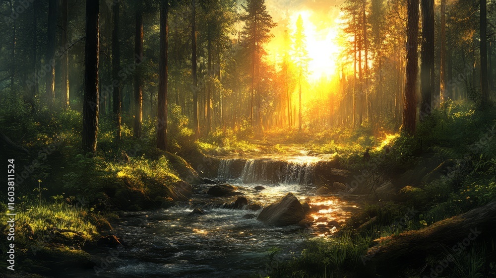 Fototapeta premium Sunlit Serenity in Forest: Sunlight streams through a lush forest, illuminating a tranquil stream, offering a serene glimpse of nature's beauty, evoking a sense of peace and wonder.