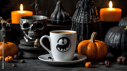 Spooky Halloween Still Life with Coffee Cups and Pumpkins
