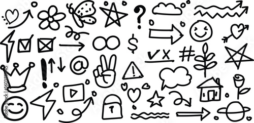 Trendy hand drawn freestyle doodle set with playful symbols, icons, and signs—perfect for Gen Z aesthetics, digital journaling, social media design, or vibrant creative content with hand-drawn charm.