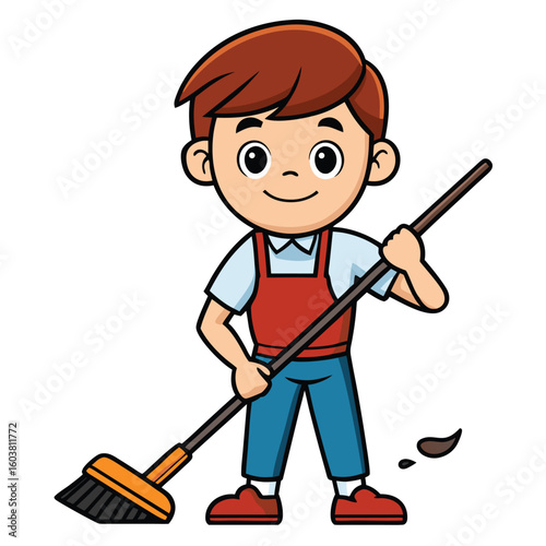 Cartoon Boy Cleaning: A Fun Illustration of a Young Janitor