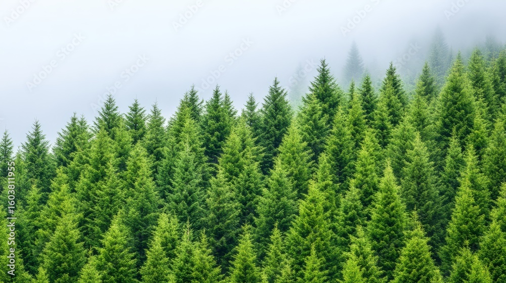 Obraz premium Evergreen Forest: A mesmerizing vista of a verdant evergreen forest, where the towering trees reach towards a sky veiled in a gentle fog.
