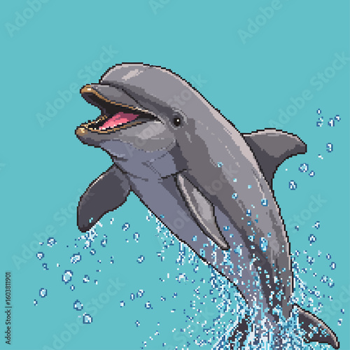 A pixel art illustration of a joyful bottlenose dolphin leaping from the turquoise water and splashing.