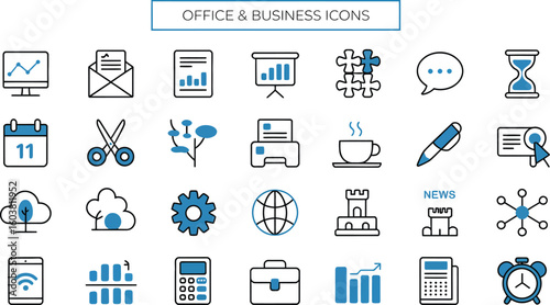 Collection of office and business icons in blue and black line art style
