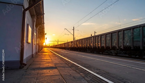 Train station platform at sunset.