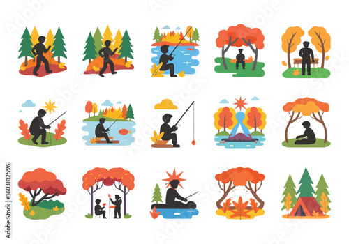 Autumn outdoor activity vector art depicting various people enjoying nature and recreational activities in a colorful fall landscape