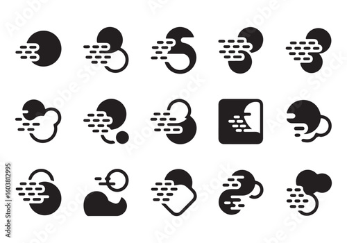 Collection of abstract black shapes conveying speed or motion in a modern design aesthetic illustration graphic element