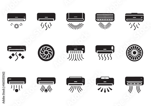 Collection of air conditioner icons representing different models and cooling options ideal for website and app design offering modern cooling solution symbols
