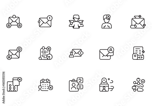 Collection of business and communication icons representing messages people and various digital tasks ideal for websites and presentations