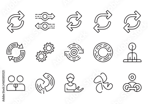 Collection of Black Line Icons Representing Different Business Concepts Innovation Progress Collaboration and Problem Solving Creative Solutions and Continuous Improvement