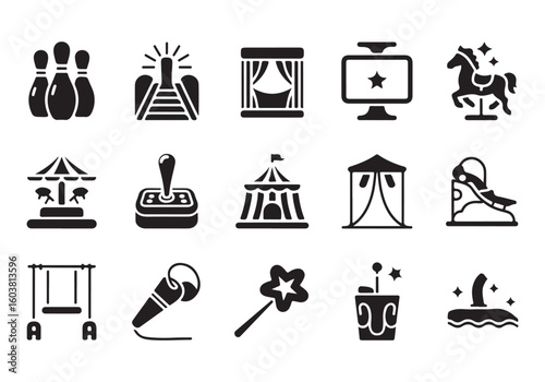 Collection of Carnival Amusement Park and Entertainment Vector Icons in Black Silhouette Style Great for Graphic Design