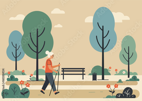 Elderly woman alpine trekking in a park. Senior citizen enjoying healthy nordic walking outdoors. Active lifestyle and wellbeing concept for old age.