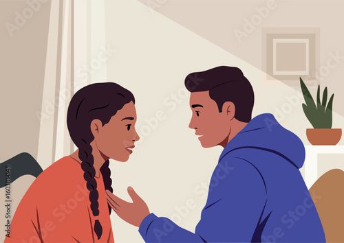 Man and woman having a conversation at home, discussing problems and trust. Empathy and support in a relationship.