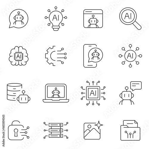 icons set artificial intelligence agent and technology symbols Vector illustration in modern thin line style of technology related icons: chatbot, generator, AI operator