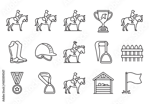 Equestrian Line Art Illustration Set Featuring Horses Riders and Related Equipment Perfect for Horse Lovers and Equestrian Enthusiasts