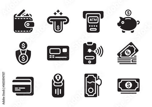 Financial Icons for Business and Personal Finance Management Representing Various Transaction Methods and Wealth Accumulation