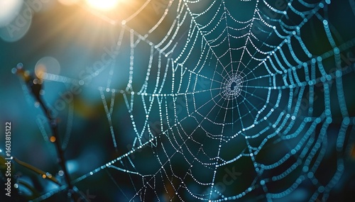 A delicate spider web glistens in the sunlight, with intricate patterns shimmering against a soft, blurred green background, creating a serene atmosphere.