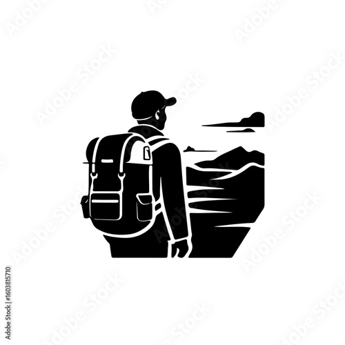 Black and White Traveler Gazing at Landscape Icons
A poignant collection of black and white icons featuring a person with a backpack looking out at a vast landscape