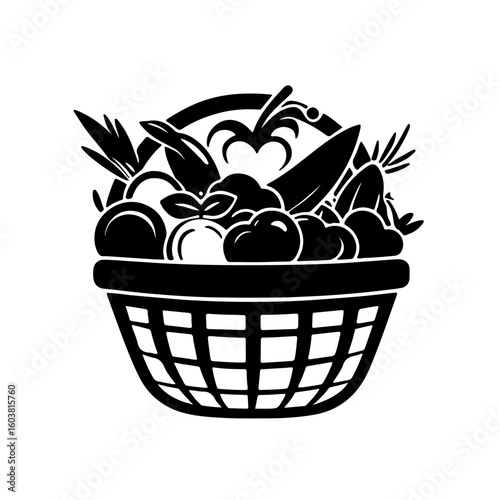 Black and White Artisanal Produce Basket Icons
A sophisticated set of black and white icons featuring fresh fruits and vegetables artistically arranged in a basket