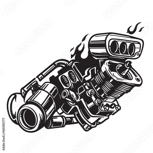 Vintage engine with flames motor automotive
