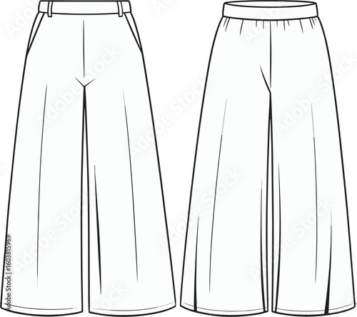Wide leg pants, high waist design, front pleats, fashion cad drawing, technical flat sketch, women's trousers vector illustration