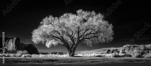 Black and white infrared landscape with a large tree
