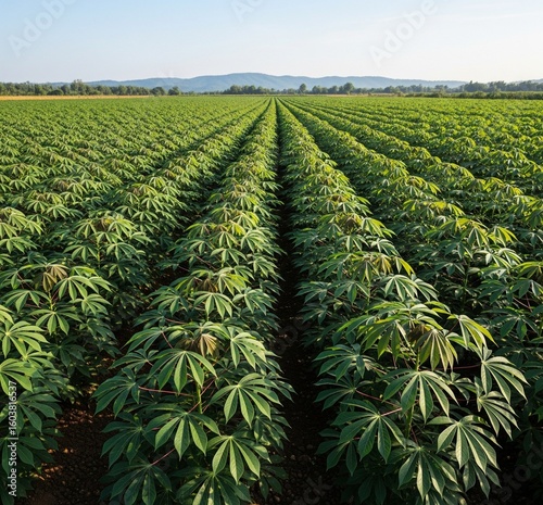 A vast expanse of cassava plants cultivated in neat rows across a field under a clear sky.