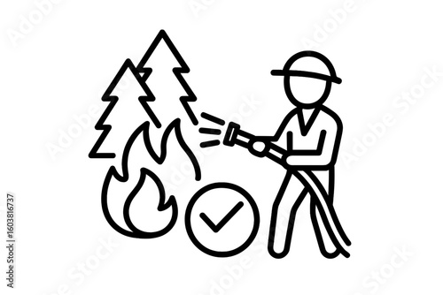 Firefighter extinguishing flames in forest with hose and trees  