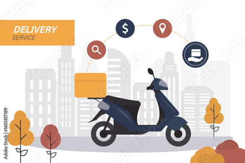 Delivery service,ride scooter, motorcycle on city building on background. 24-hour service, order or parcel ordered online to customer for express delivery around city.