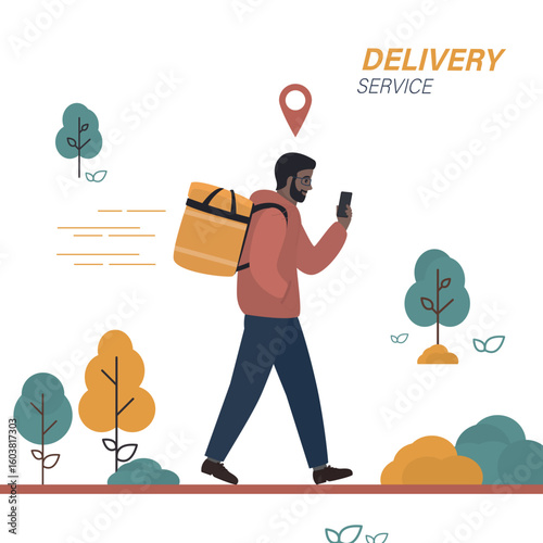 Walking deliveryman with box. African american male character. Fast shipping. Courier with backpack and mobile phone for navigation. Delivery service, shipment.