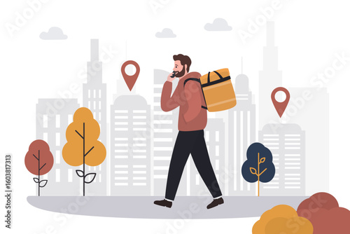 Walking delivery guy. Caucasian male character design. Fast shipping. Courier with backpack and mobile phone on urban background. Delivery service, shipment.